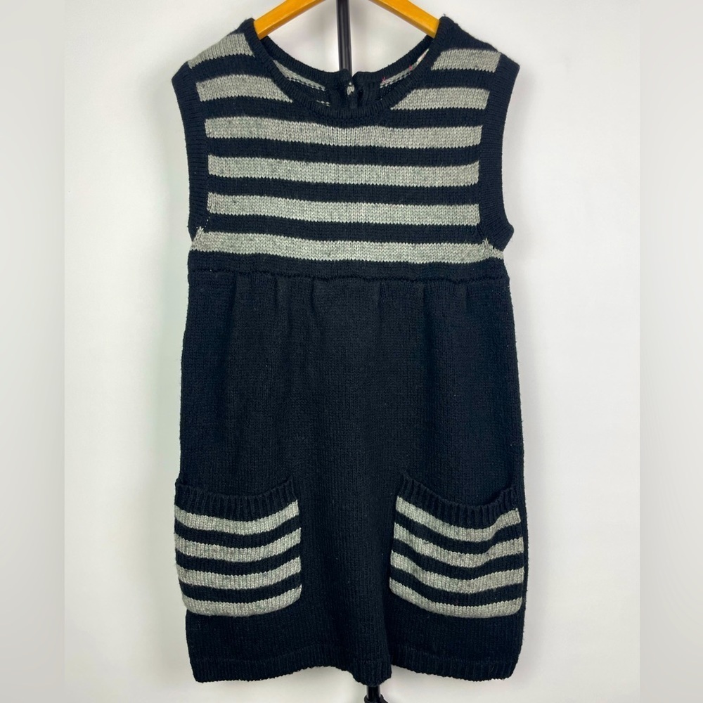 LUX Black Gray‎ Striped Knit Empire Waist Sleeveless Babydoll Sweater Dress
